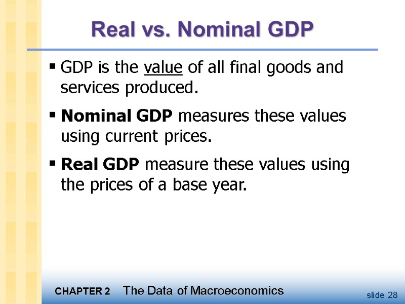 Real vs. Nominal GDP GDP is the value of all final goods and services